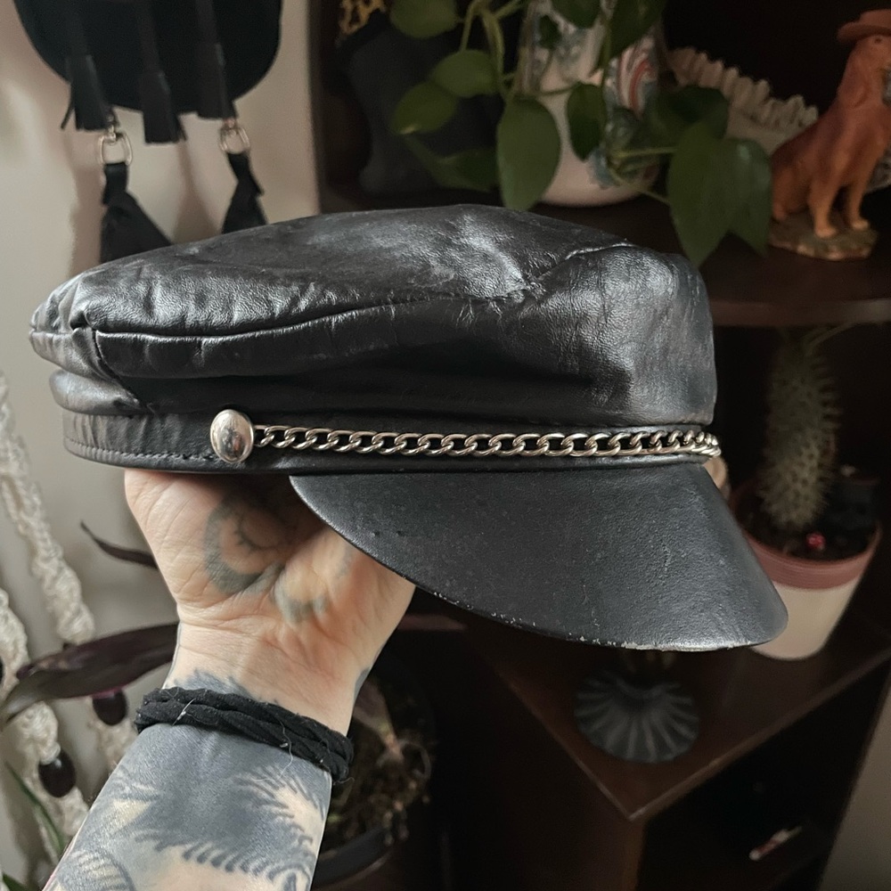 Men's Black Leather Cap with Chain Detail